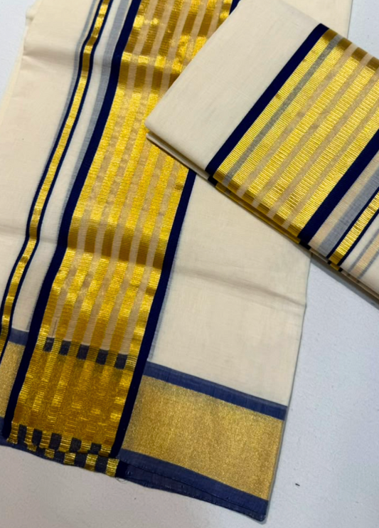 Handloom Set & Mundu - Blue Lines
