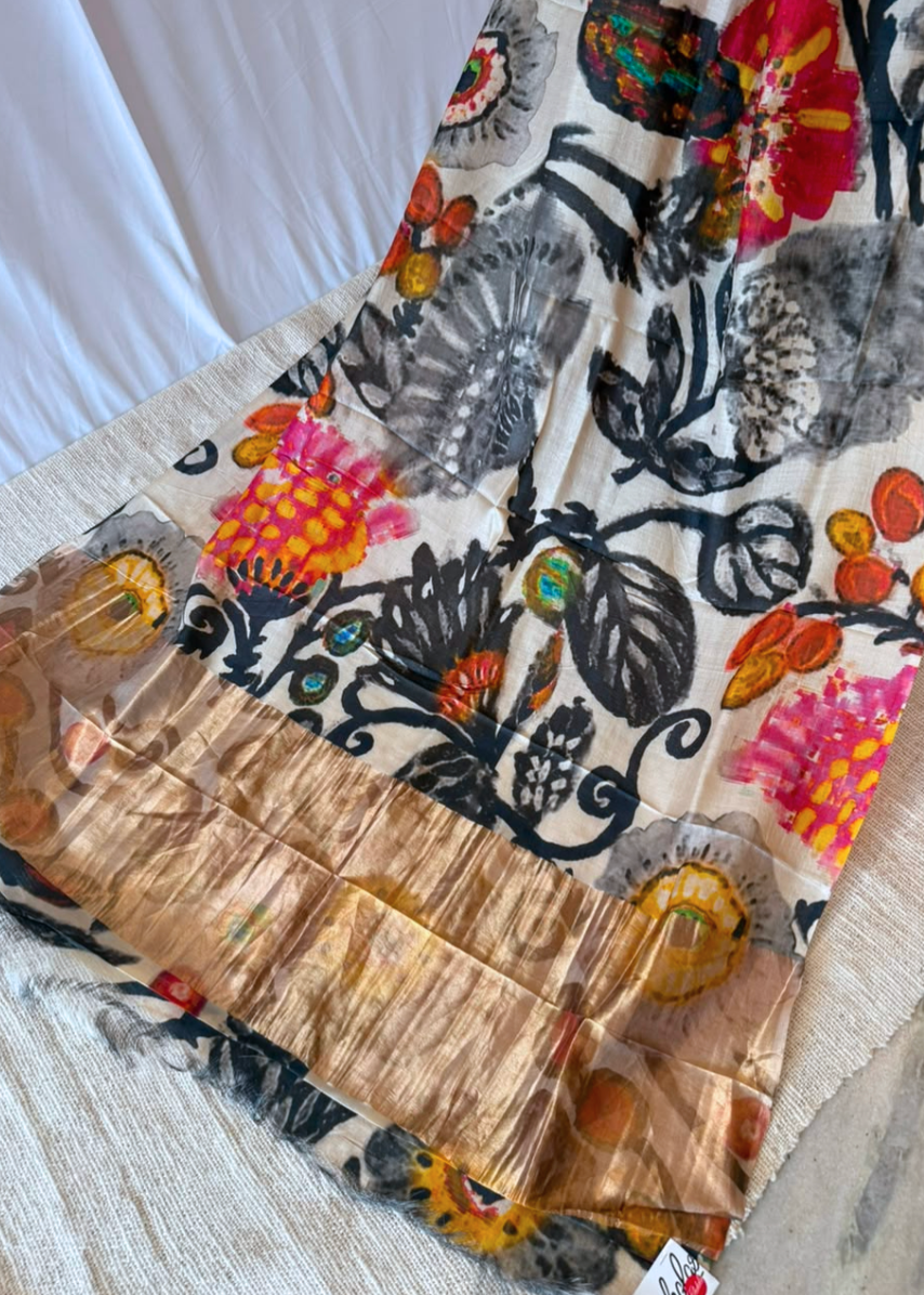 Monochrome Bloom Tussar Silk Dupatta